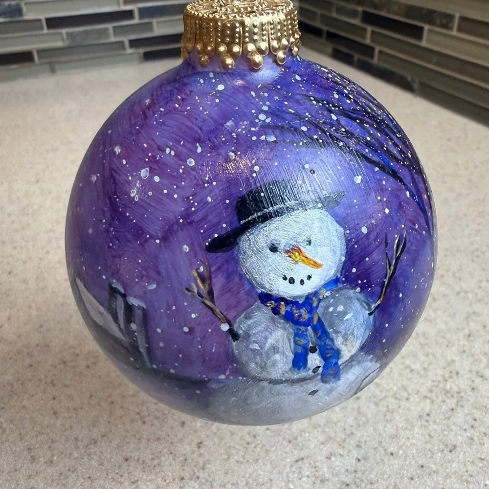 Freiman Stoltzfus Hand Painted Snowman Glass Christmas Ornament Signed 2010 Box